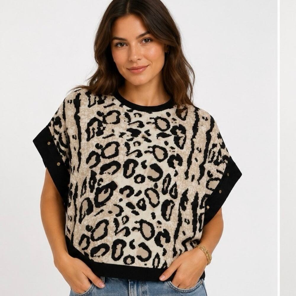 Leopard Print Joseph A Sweater Poncho Top XL Black Tan Animal Print Women’s